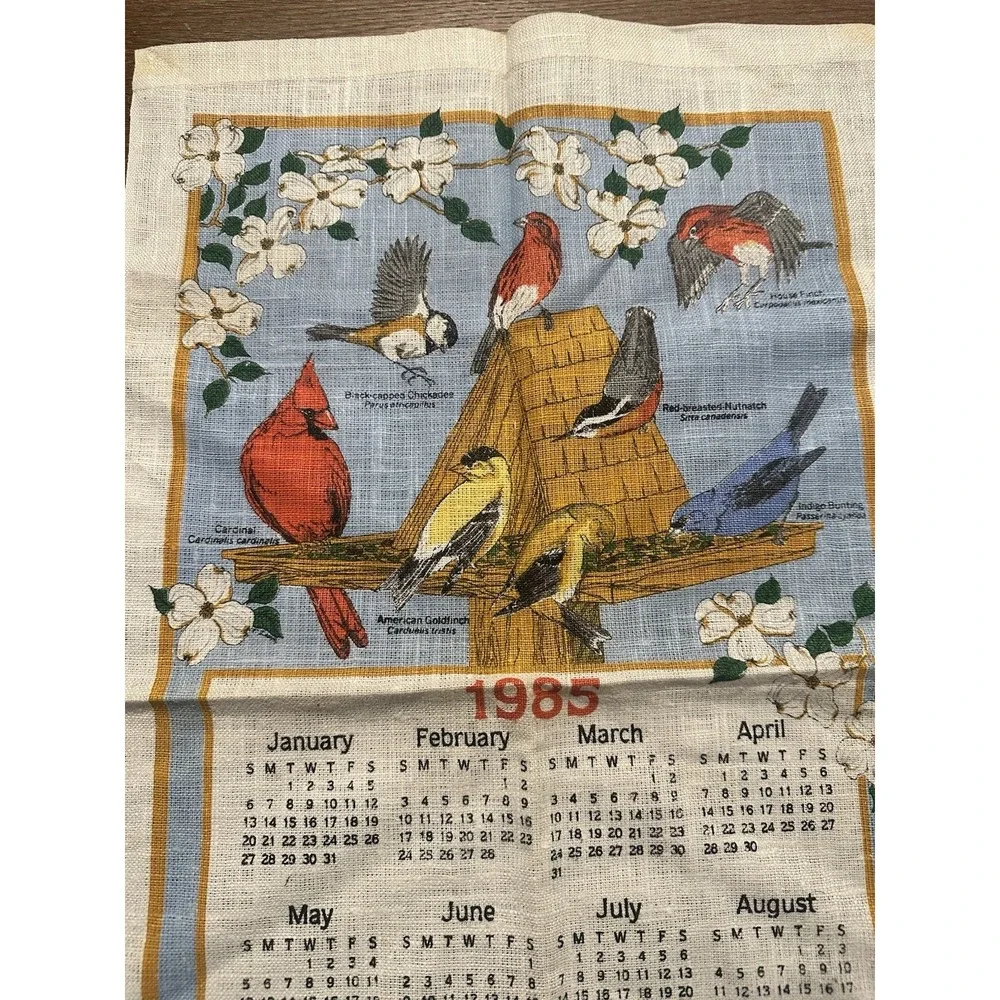Vintage 1985 Printed Cloth Hanging Wall Calendar Tea Towel Birds Flowers